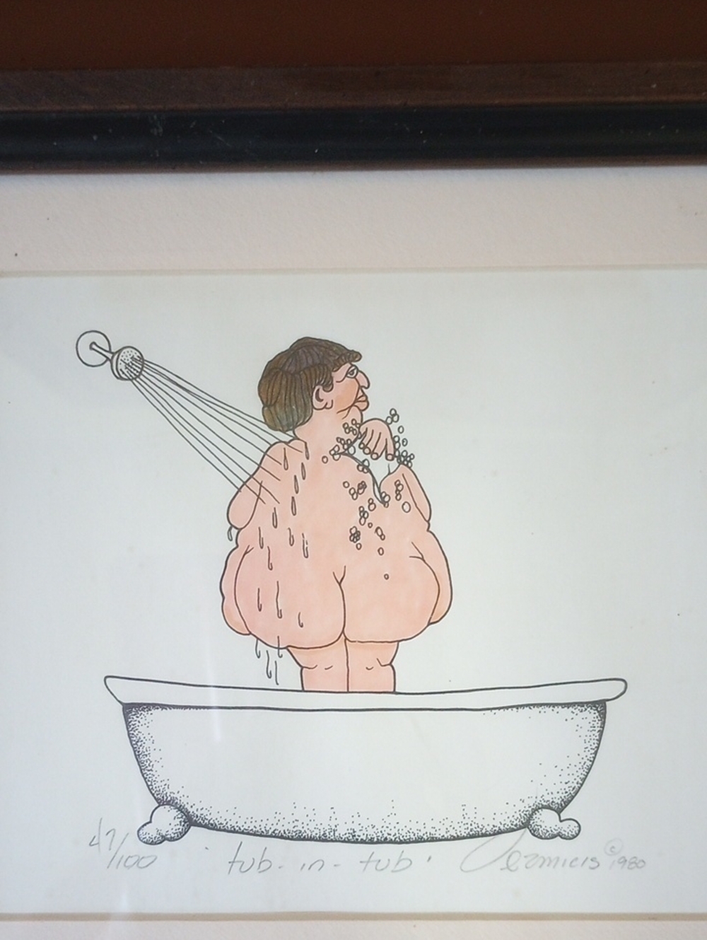 Tub in Tub Ltd Edition Vtg 1980 Hand Numbered Framed Bathroom Art by Oezmiers